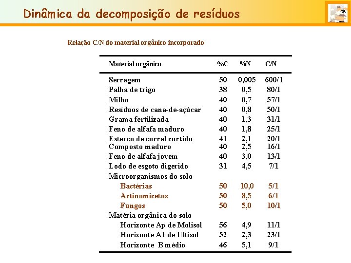 Dinâmica da decomposição de resíduos Relação C/N do material orgânico incorporado Material orgânico Serragem