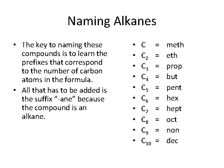 Naming Alkanes • The key to naming these compounds is to learn the prefixes Naming Alkanes • The key to naming these compounds is to learn the prefixes
