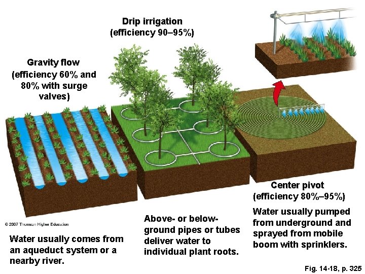 Drip irrigation (efficiency 90– 95%) Gravity flow (efficiency 60% and 80% with surge valves)