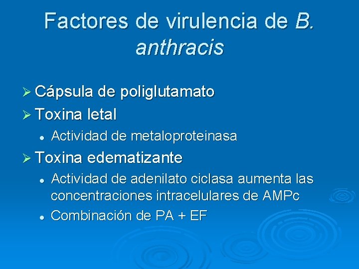 Factores de virulencia de B. anthracis Ø Cápsula de poliglutamato Ø Toxina letal l