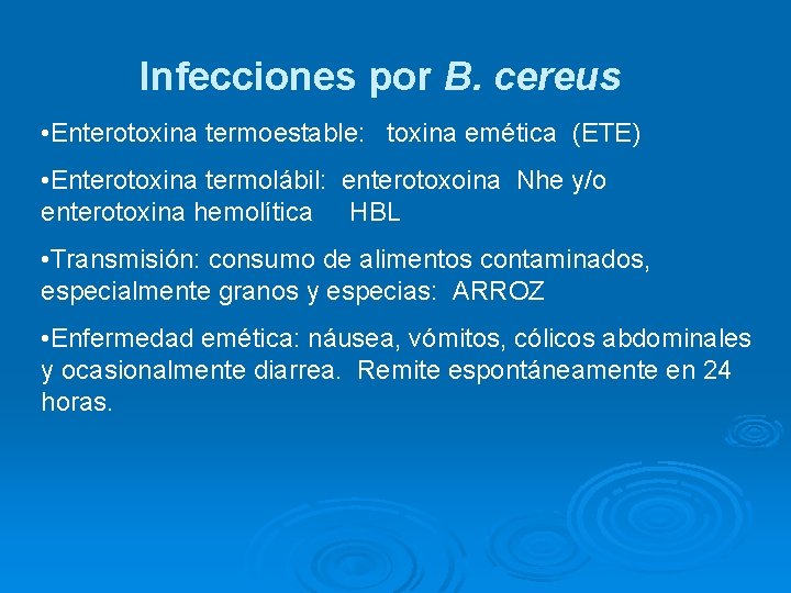 Infecciones por B. cereus • Enterotoxina termoestable: toxina emética (ETE) • Enterotoxina termolábil: enterotoxoina