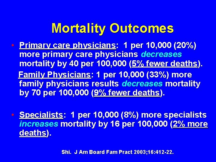 Mortality Outcomes • Primary care physicians: 1 per 10, 000 (20%) more primary care