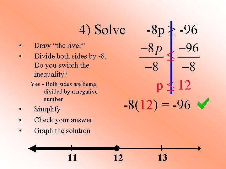 4) Solve • • Draw “the river” Divide both sides by -8. Do you