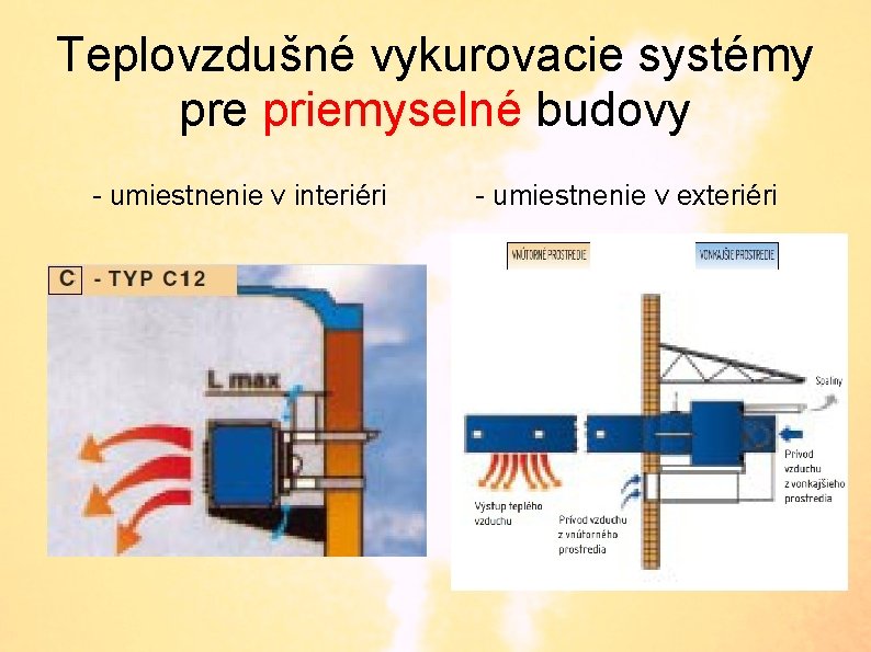 Teplovzdušné vykurovacie systémy pre priemyselné budovy - umiestnenie v interiéri - umiestnenie v exteriéri