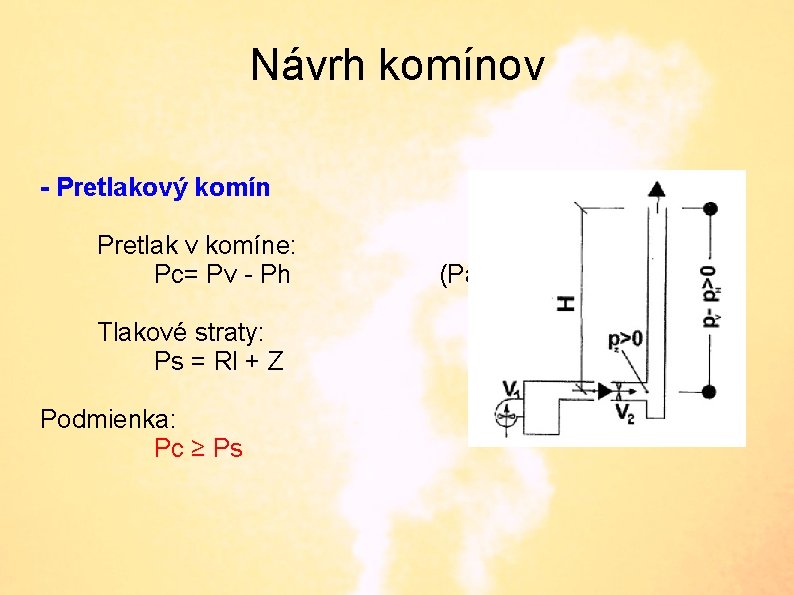 Návrh komínov - Pretlakový komín Pretlak v komíne: Pc= Pv - Ph Tlakové straty: