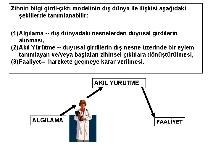 Zihnin bilgi girdi-çıktı modelinin dış dünya ile ilişkisi aşağıdaki şekillerde tanımlanabilir: (1) Algılama --