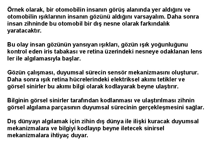 Örnek olarak, bir otomobilin insanın görüş alanında yer aldığını ve otomobilin ışıklarının insanın gözünü