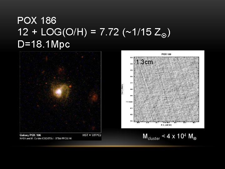POX 186 12 + LOG(O/H) = 7. 72 (~1/15 Z ) D=18. 1 Mpc