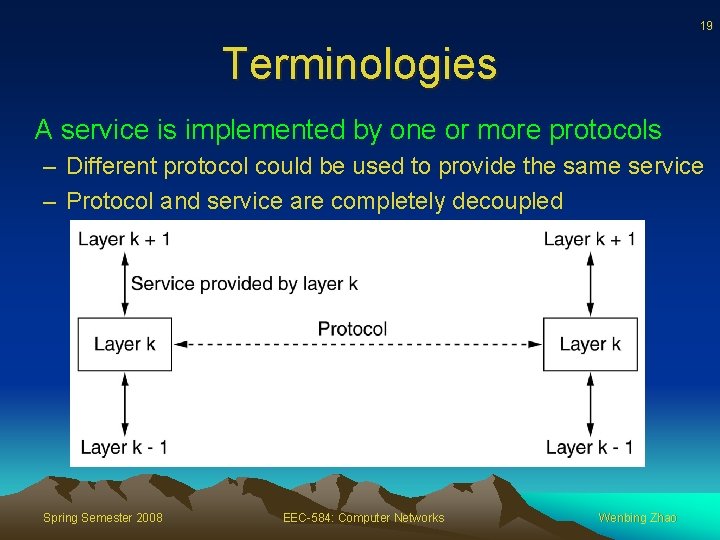19 Terminologies A service is implemented by one or more protocols – Different protocol