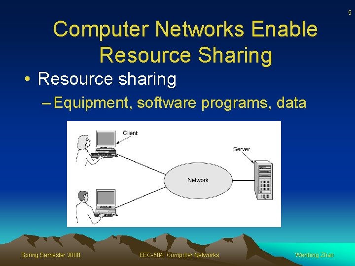 5 Computer Networks Enable Resource Sharing • Resource sharing – Equipment, software programs, data