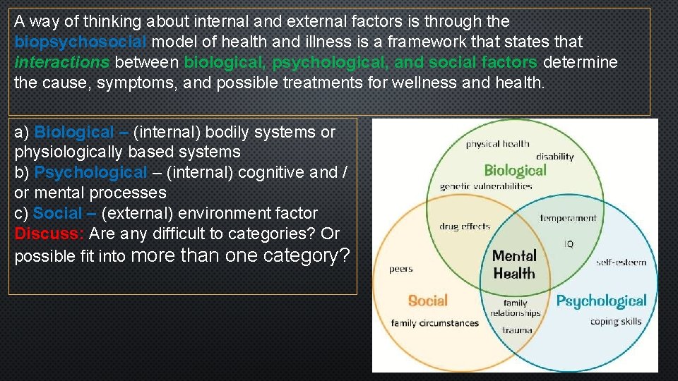 A way of thinking about internal and external factors is through the biopsychosocial model