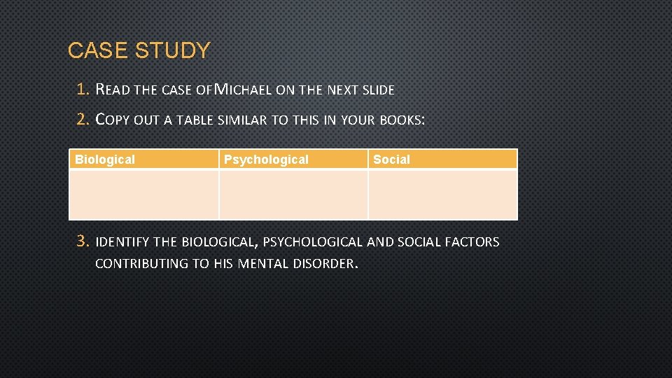 CASE STUDY 1. READ THE CASE OF MICHAEL ON THE NEXT SLIDE 2. COPY