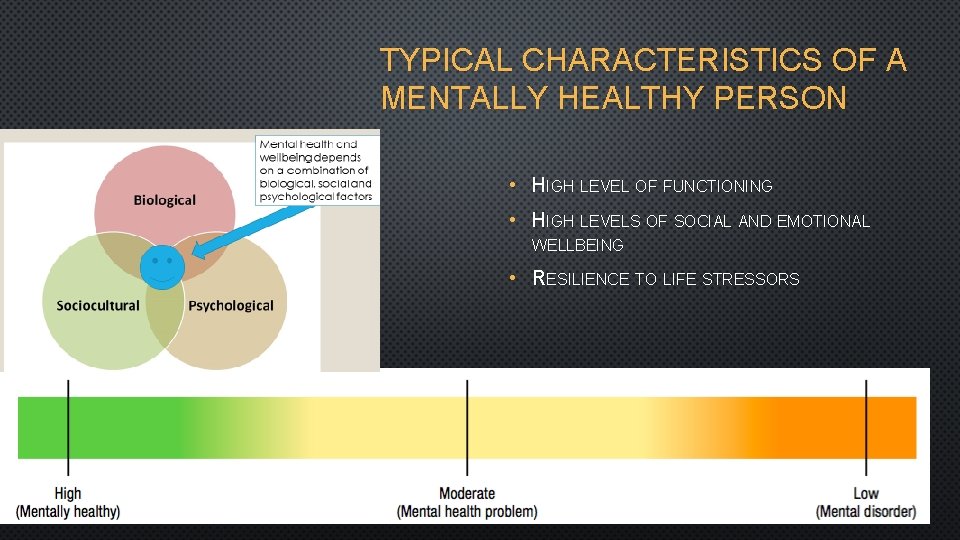 TYPICAL CHARACTERISTICS OF A MENTALLY HEALTHY PERSON • HIGH LEVEL OF FUNCTIONING • HIGH