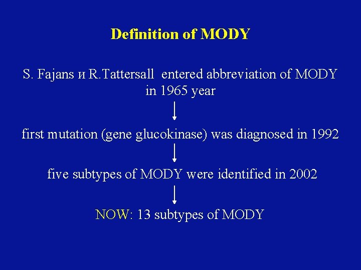 Definition of MODY S. Fajans и R. Tattersall entered abbreviation of MODY in 1965