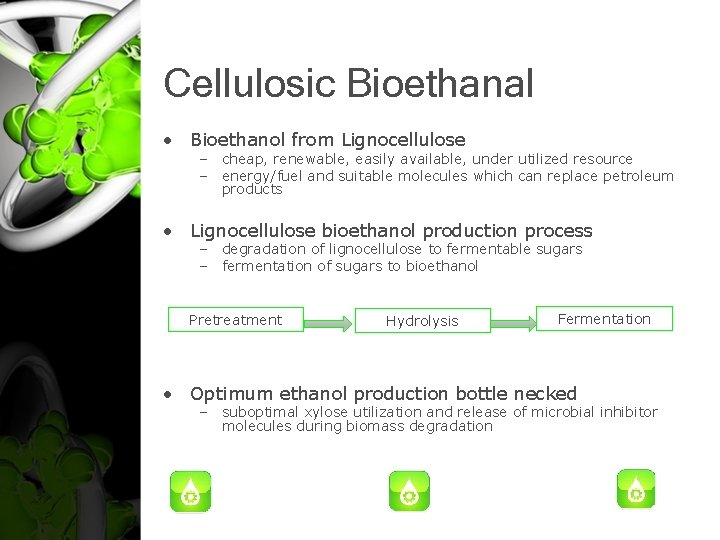 Cellulosic Bioethanal • Bioethanol from Lignocellulose – cheap, renewable, easily available, under utilized resource
