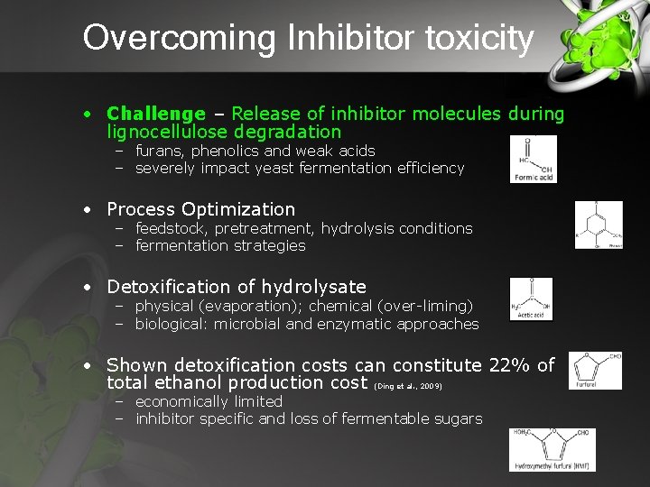 Overcoming Inhibitor toxicity • Challenge – Release of inhibitor molecules during lignocellulose degradation –