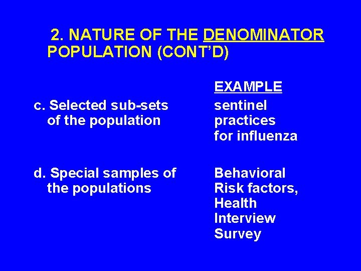 2. NATURE OF THE DENOMINATOR POPULATION (CONT’D) c. Selected sub-sets of the population d.