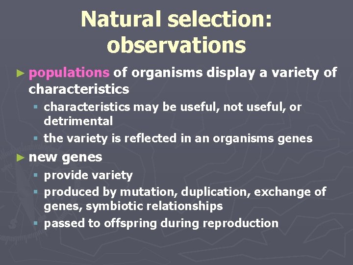 Natural selection: observations ► populations of organisms display a variety of characteristics § characteristics Natural selection: observations ► populations of organisms display a variety of characteristics § characteristics