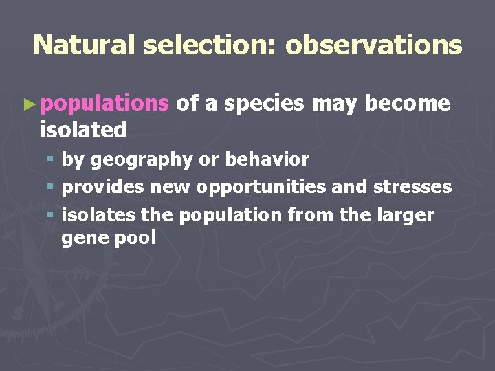 Natural selection: observations ► populations isolated of a species may become § by geography Natural selection: observations ► populations isolated of a species may become § by geography