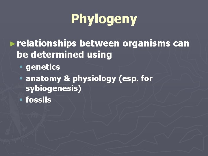 Phylogeny ► relationships between organisms can be determined using § genetics § anatomy & Phylogeny ► relationships between organisms can be determined using § genetics § anatomy &