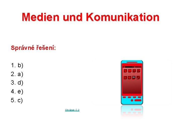 Medien und Komunikation Správné řešení: 1. b) 2. a) 3. d) 4. e) 5.