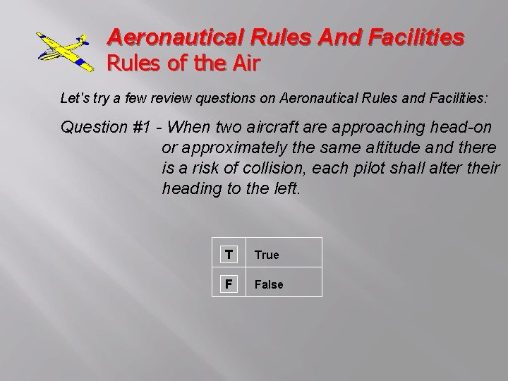 Aeronautical Rules And Facilities Rules of the Air Let's try a few review questions