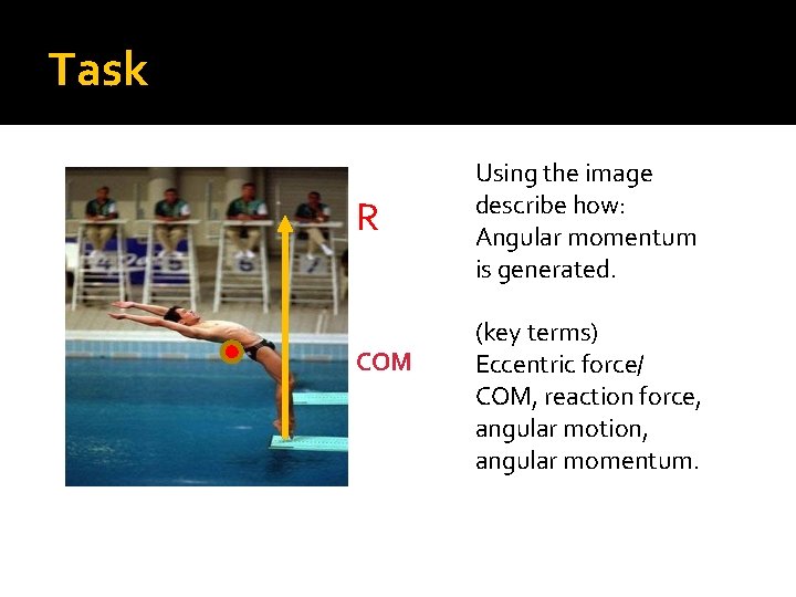 Task R COM Using the image describe how: Angular momentum is generated. (key terms)