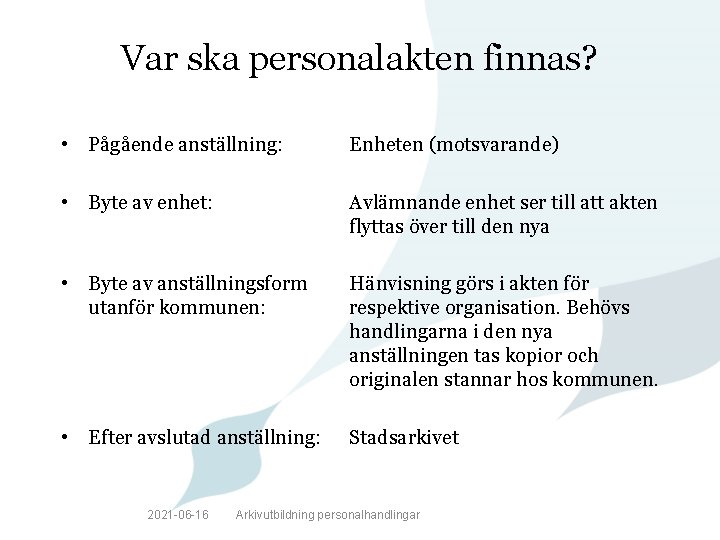 Var ska personalakten finnas? • Pågående anställning: Enheten (motsvarande) • Byte av enhet: Avlämnande