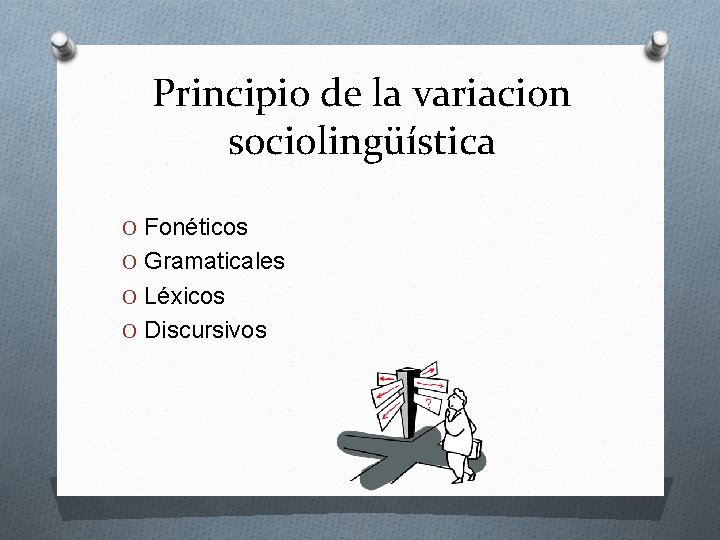 Principio de la variacion sociolingüística O Fonéticos O Gramaticales O Léxicos O Discursivos 