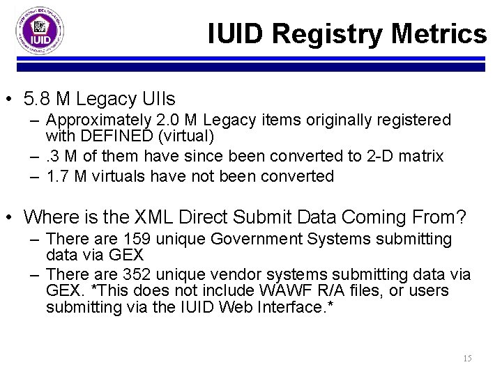 IUID Registry Metrics • 5. 8 M Legacy UIIs – Approximately 2. 0 M