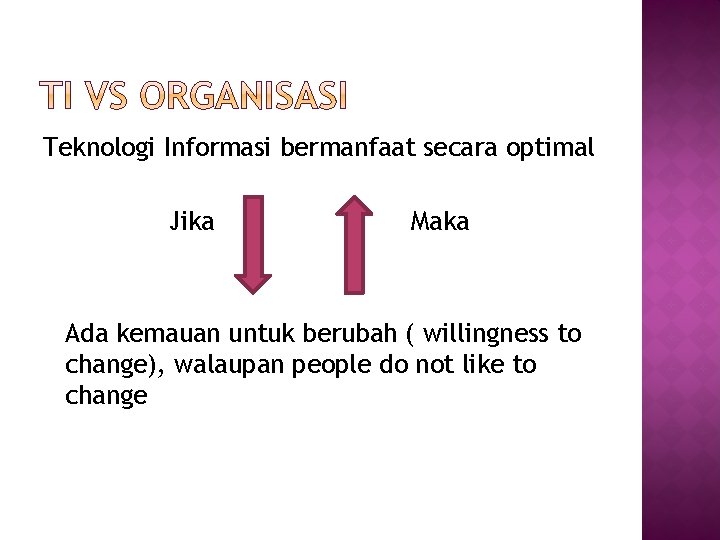 Teknologi Informasi bermanfaat secara optimal Jika Maka Ada kemauan untuk berubah ( willingness to