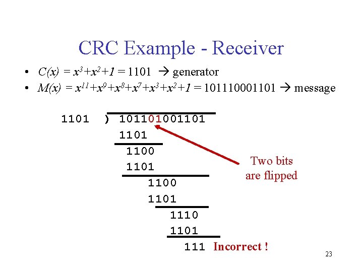 CRC Example - Receiver • C(x) = x 3+x 2+1 = 1101 generator •