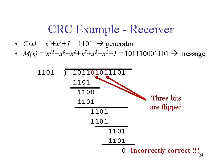 CRC Example - Receiver • C(x) = x 3+x 2+1 = 1101 generator •