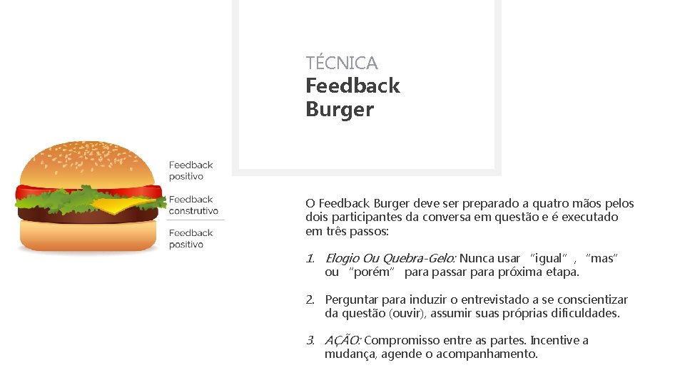 TÉCNICA Feedback Burger O Feedback Burger deve ser preparado a quatro mãos pelos dois