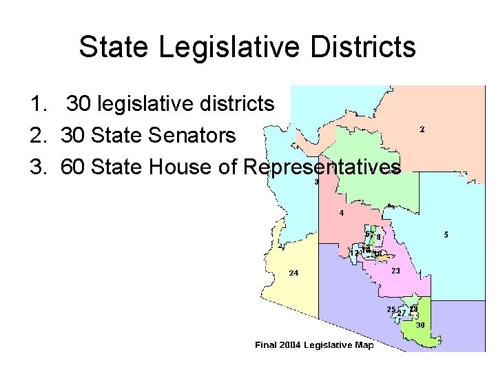 State Legislative Districts 1. 30 legislative districts 2. 30 State Senators 3. 60 State