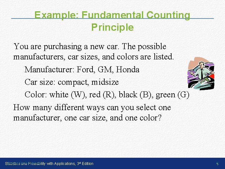 Example: Fundamental Counting Principle You are purchasing a new car. The possible manufacturers, car Example: Fundamental Counting Principle You are purchasing a new car. The possible manufacturers, car
