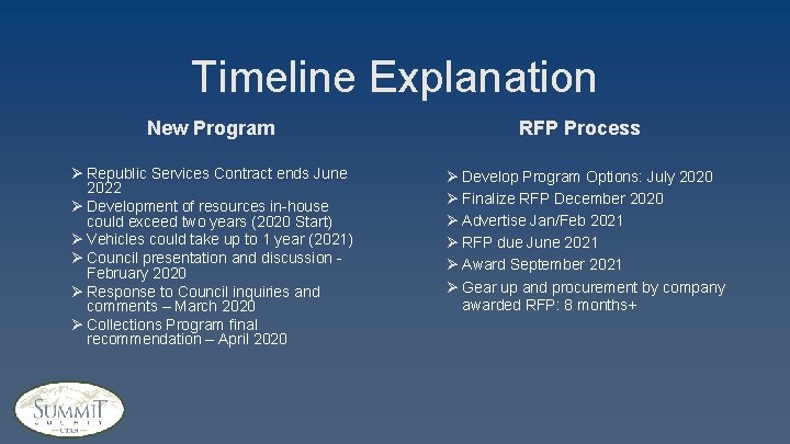 Timeline Explanation New Program Ø Republic Services Contract ends June 2022 Ø Development of