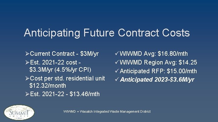 Anticipating Future Contract Costs ØCurrent Contract - $3 M/yr ØEst. 2021 -22 cost $3.