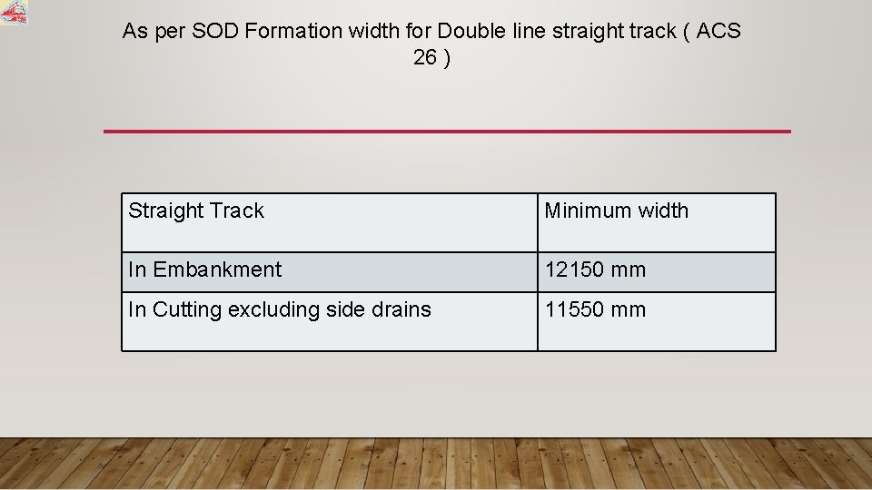As per SOD Formation width for Double line straight track ( ACS 26 )