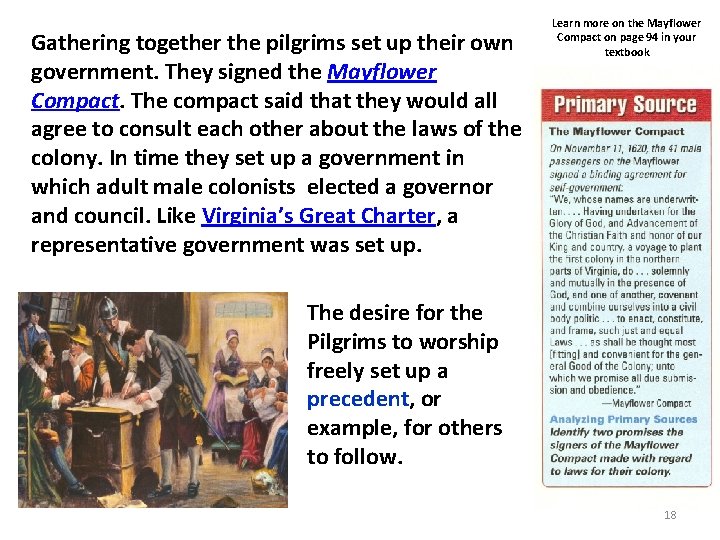 Gathering together the pilgrims set up their own government. They signed the Mayflower Compact.