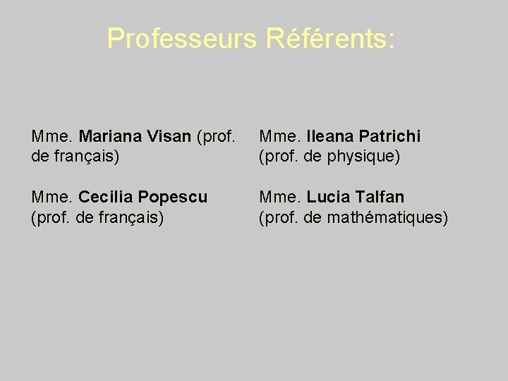 Professeurs Référents: Mme. Mariana Visan (prof. de français) Mme. Ileana Patrichi (prof. de physique)