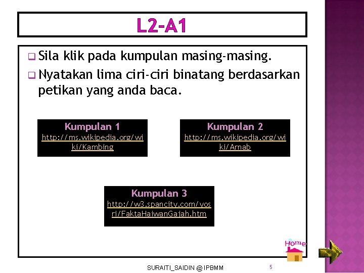 L 2 -A 1 q Sila klik pada kumpulan masing-masing. q Nyatakan lima ciri-ciri