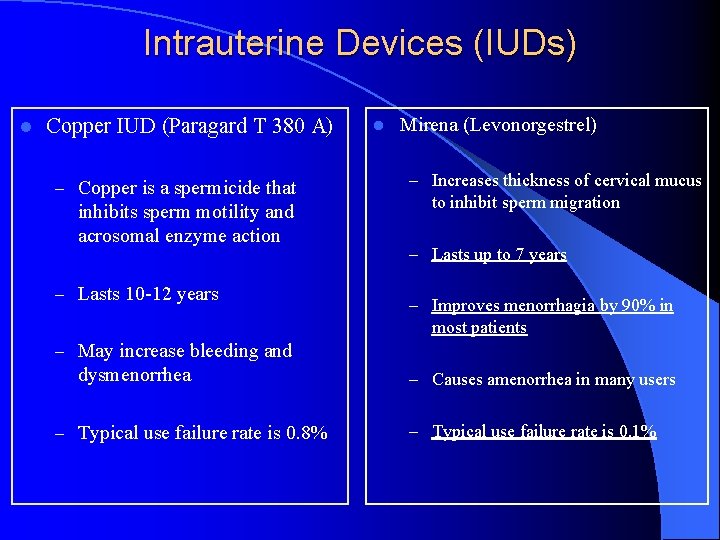 Intrauterine Devices (IUDs) l Copper IUD (Paragard T 380 A) – Copper is a