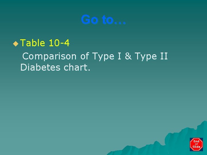 Go to… u Table 10 -4 Comparison of Type I & Type II Diabetes