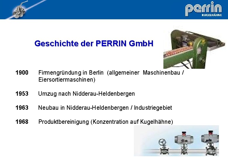 Geschichte der PERRIN Gmb. H 1900 Firmengründung in Berlin (allgemeiner Maschinenbau / Eiersortiermaschinen) 1953