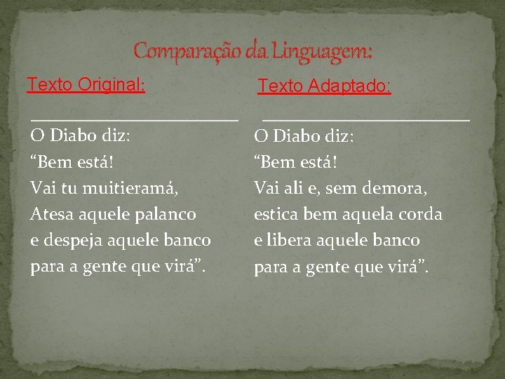 Comparação da Linguagem: Texto Original: Texto Adaptado: O Diabo diz: “Bem está! Vai tu