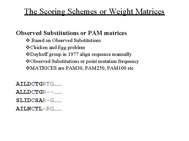 The Scoring Schemes or Weight Matrices Observed Substitutions or PAM matrices v Based on