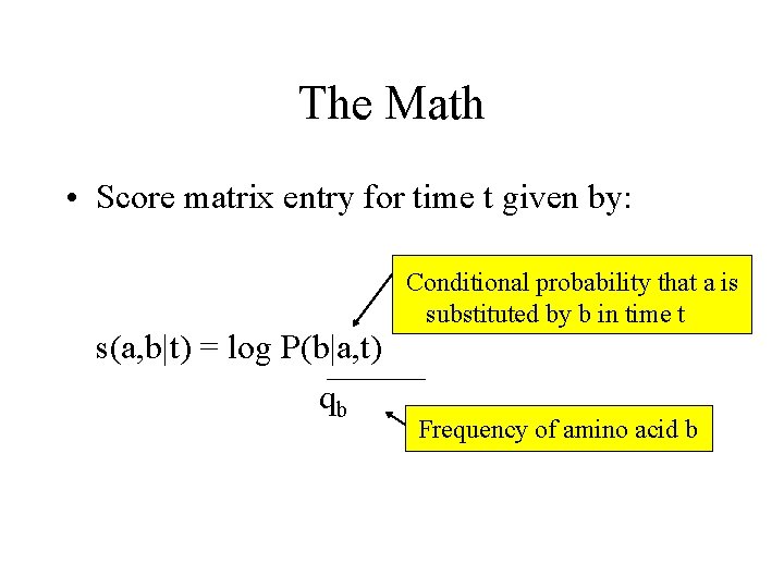 The Math • Score matrix entry for time t given by: s(a, b|t) =