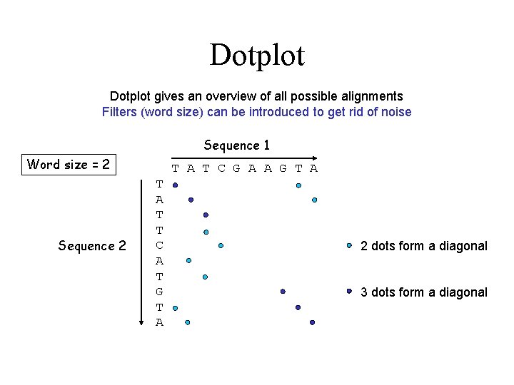 Dotplot gives an overview of all possible alignments Filters (word size) can be introduced