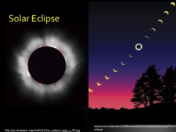 Solar Eclipse http: //en. wikipedia. org/wiki/File: Solar_eclipse_1999_4_NR. jpg http: //www. britannica. com/EBchecked/topic/178098/eclipse/11202/The-fre eclipses 